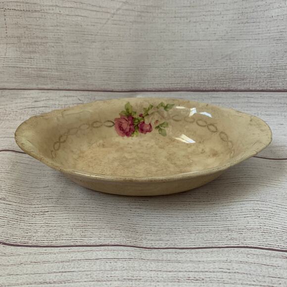 Antique Porcelain Cream Oval Bowl or Serving Dish with Roses Gold Chain 9" Long - Picture 1 of 16